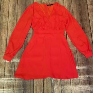 Lulus women’s dress red small, long sleeve, Plunge V-neck, mini